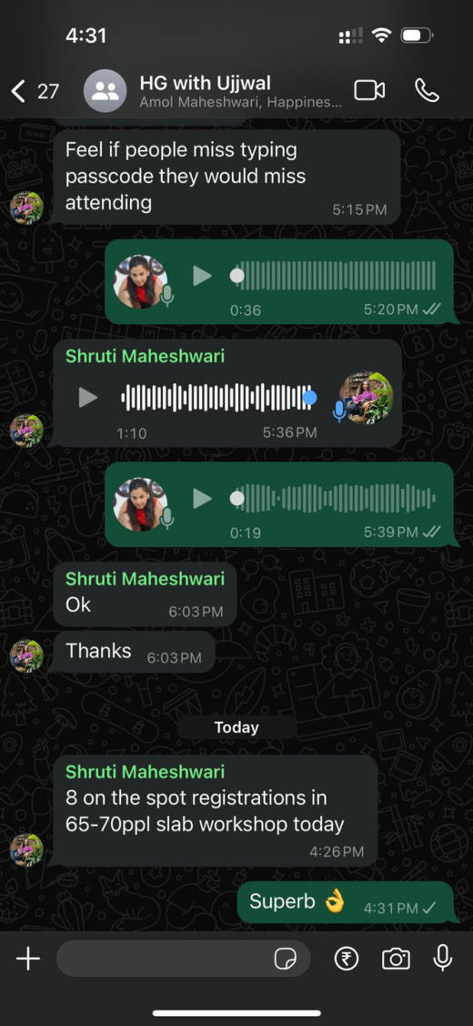 WhatsApp message from Shruti Maheshwari about spot registrations at her workshop